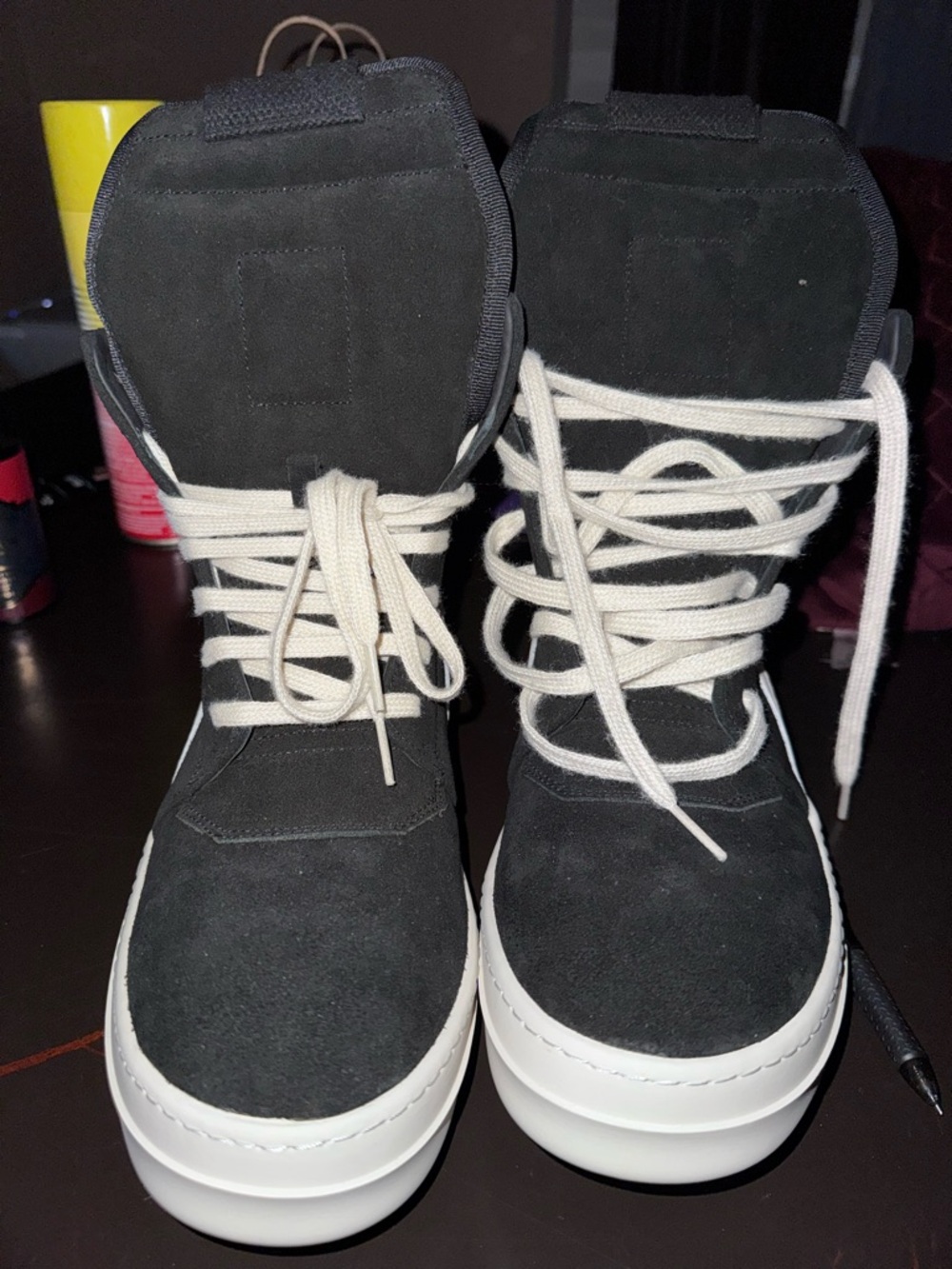 Rick Owens Black Suede High-Top Sneakers with Cream Laces